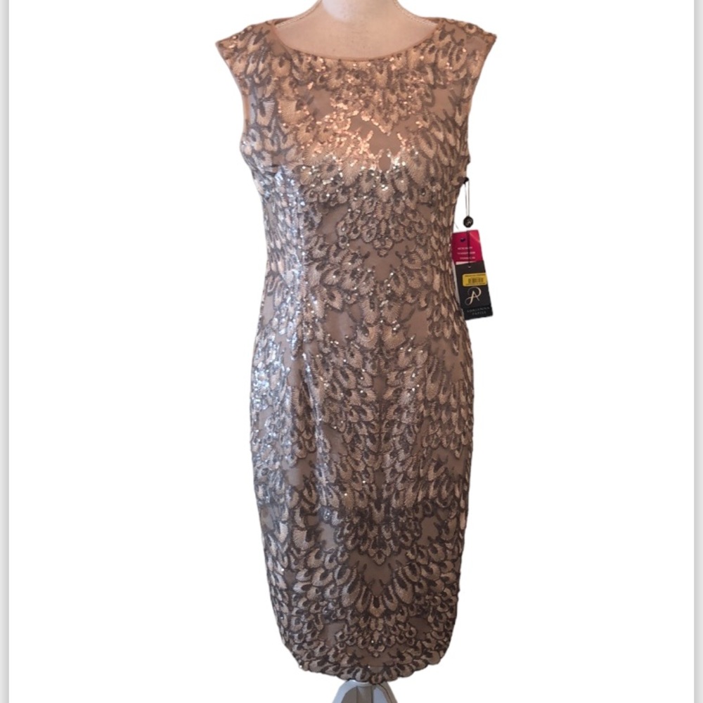 Adrianna Papell antique gold feather sequin midi dress
